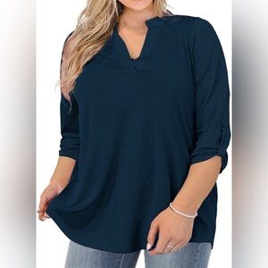 AMCLOS Plus Size V-Neck Soft Flowy Blue Tunic, Size 2XL